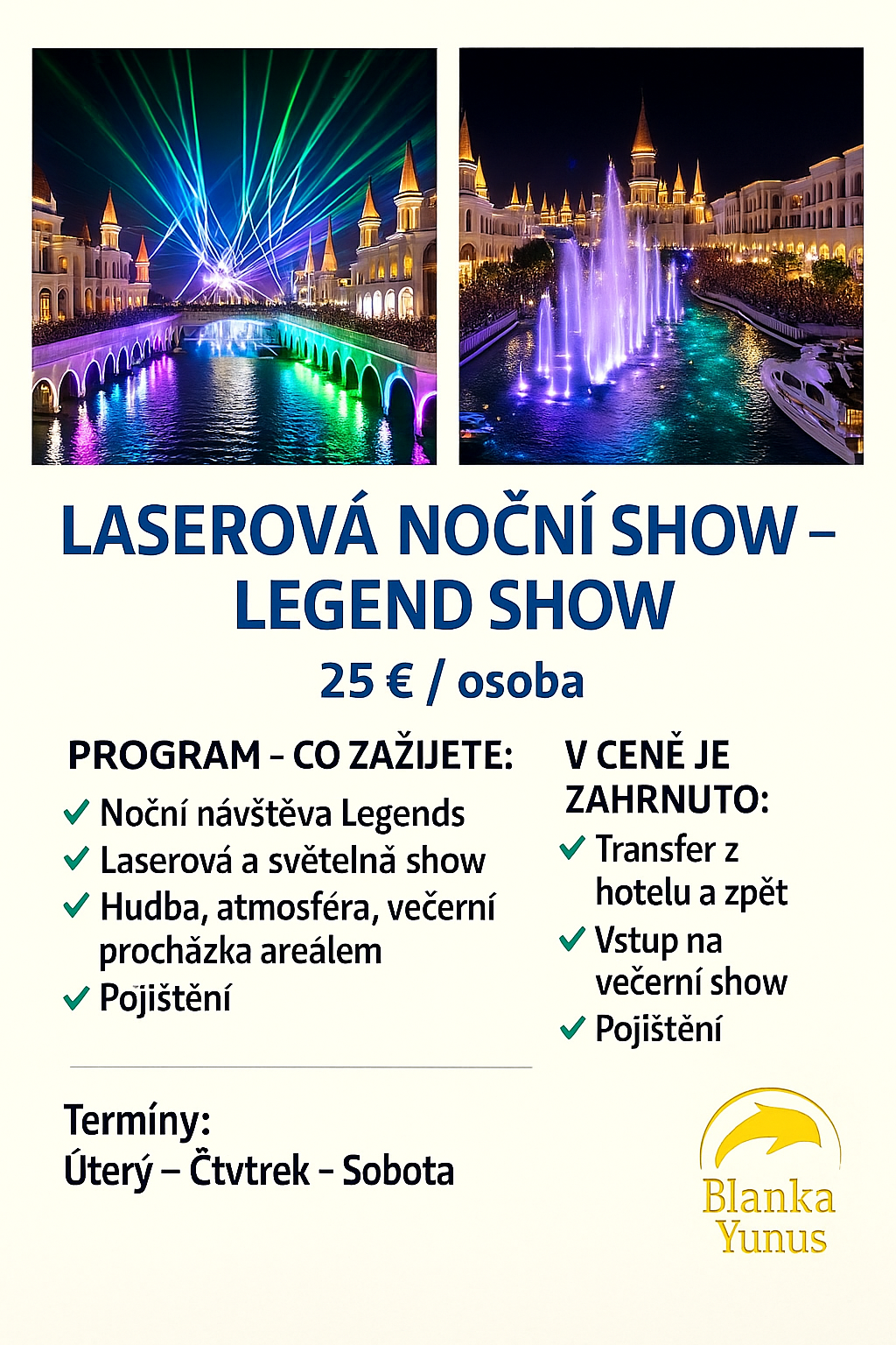 LAND OF LEGENDS Nezapomenutelný večerní výlet plný světel a show ✨Užijete si úžasnou noční show, fontány, hudbu a atmosféru jako z pohádky 🎭Ideální zážitek pro děti i dospělé.