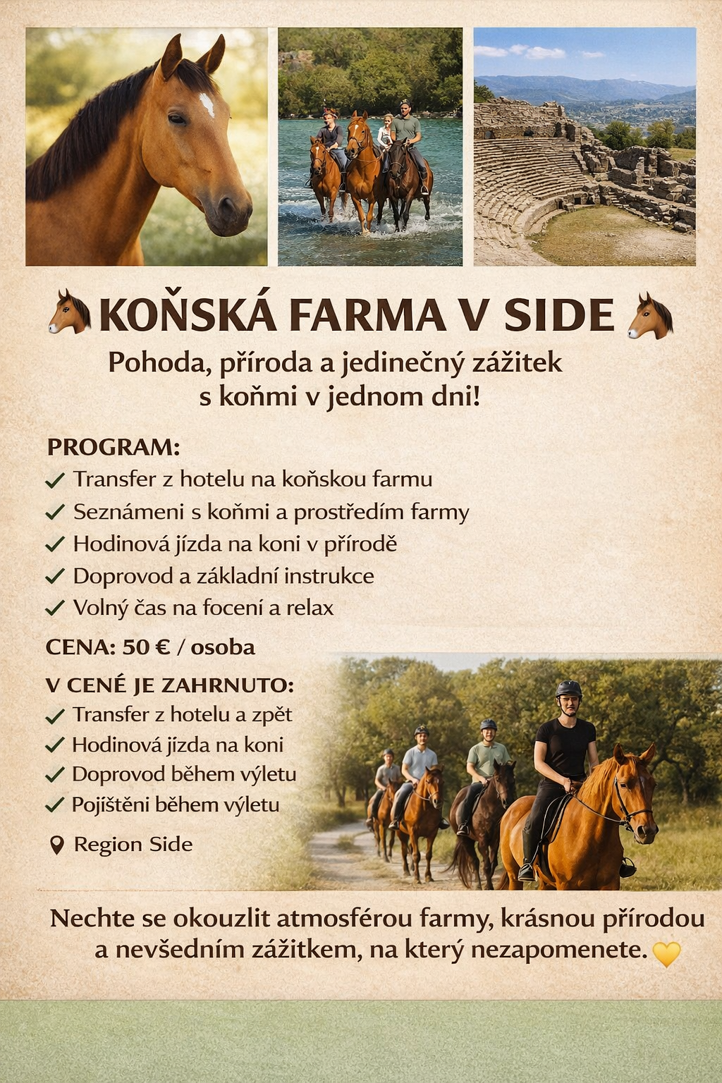 KOŇSKÁ FARMA Klidný výlet do přírody na koních 🐎Projížďka krásnou krajinou, lesy a podél řeky 🌿Součástí areálu je i malý aquapark pro osvěžení 💦Můžete se těšit také na vystoupení s koňmi 🐎Ideální zážitek pro začátečníky i pokročilé.