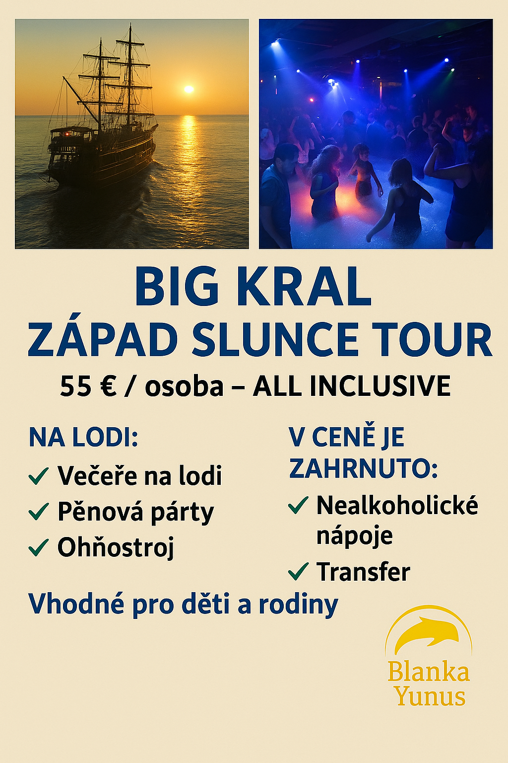 BIG Král Nezapomenutelný večerní výlet lodí 🌅Užijete si plavbu podél pobřeží, koupání v moři a nádherný západ slunce 🌊Hudba, zábava a skvělá atmosféra na palubě.