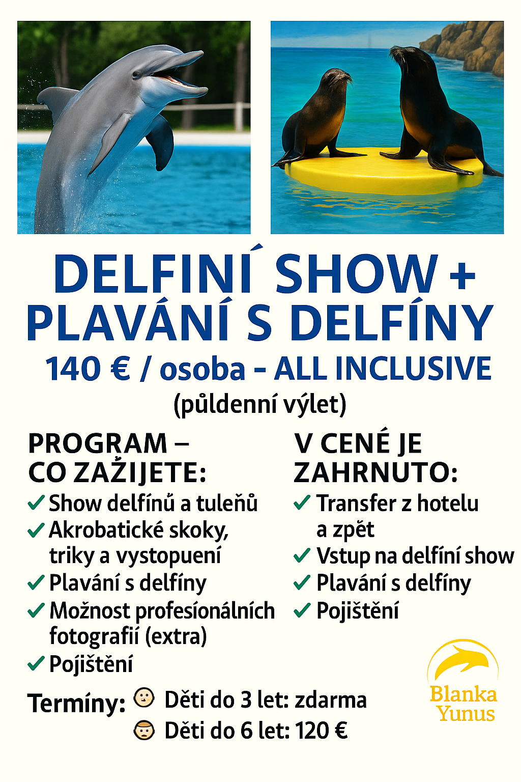 DELFÍNÍ +TULENÍ SHOW +PLAVÁNÍ Půldenní výlet plný zážitků 🐬🦭 Uvidíte delfíny a tuleně při úžasné show a navíc máte jedinečnou možnost si s delfíny zaplavat 🐬 Nezapomenutelný zážitek pro děti i dospělé.