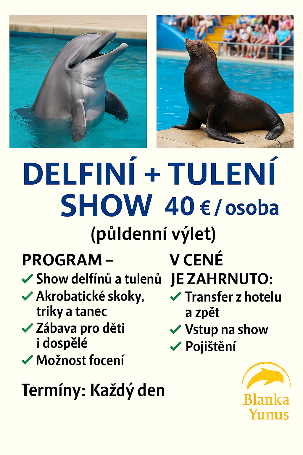 DELFÍNÍ +TULENÍ SHOW Půldenní výlet plný úžasných zvířat 🐬🦭 Uvidíte delfíny a tuleně při jejich jedinečné show plné triků a zábavy 🎭 Skvělý zážitek pro děti i dospělé.