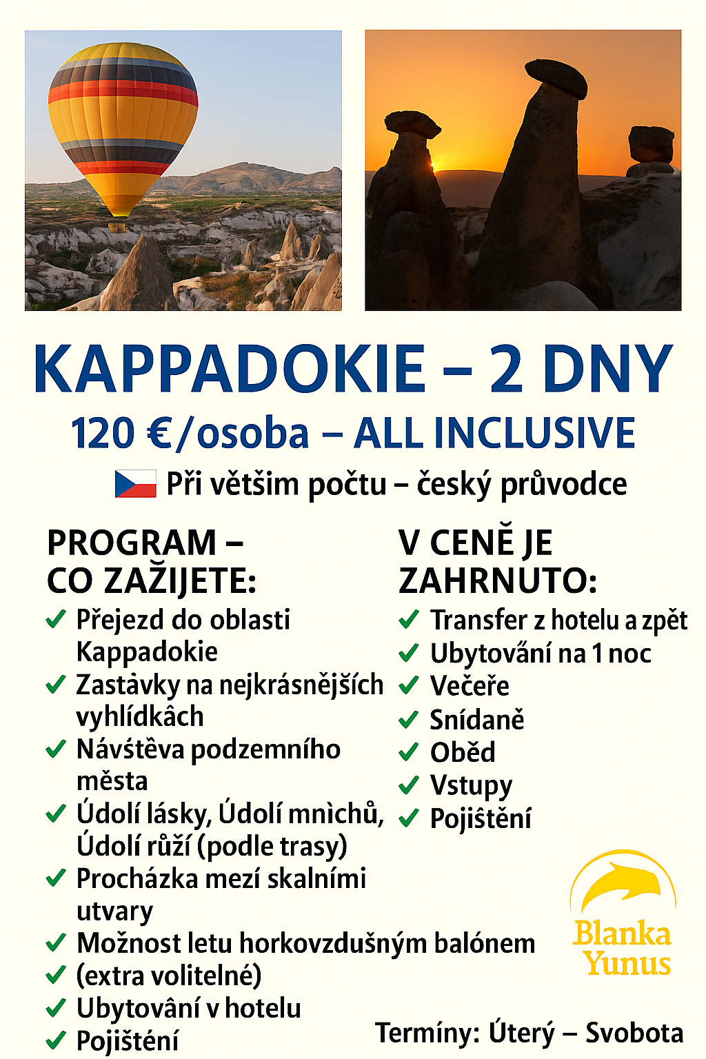 KAPPADOKIE Nezapomenutelný dvoudenní výlet do pohádkové krajiny 🎈 Skalní města, podzemní města a jedinečné „komíny víl“ 🏜️ Možnost letu horkovzdušným balónem při východu slunce 🎈 Zážitek, na který se nezapomíná.
