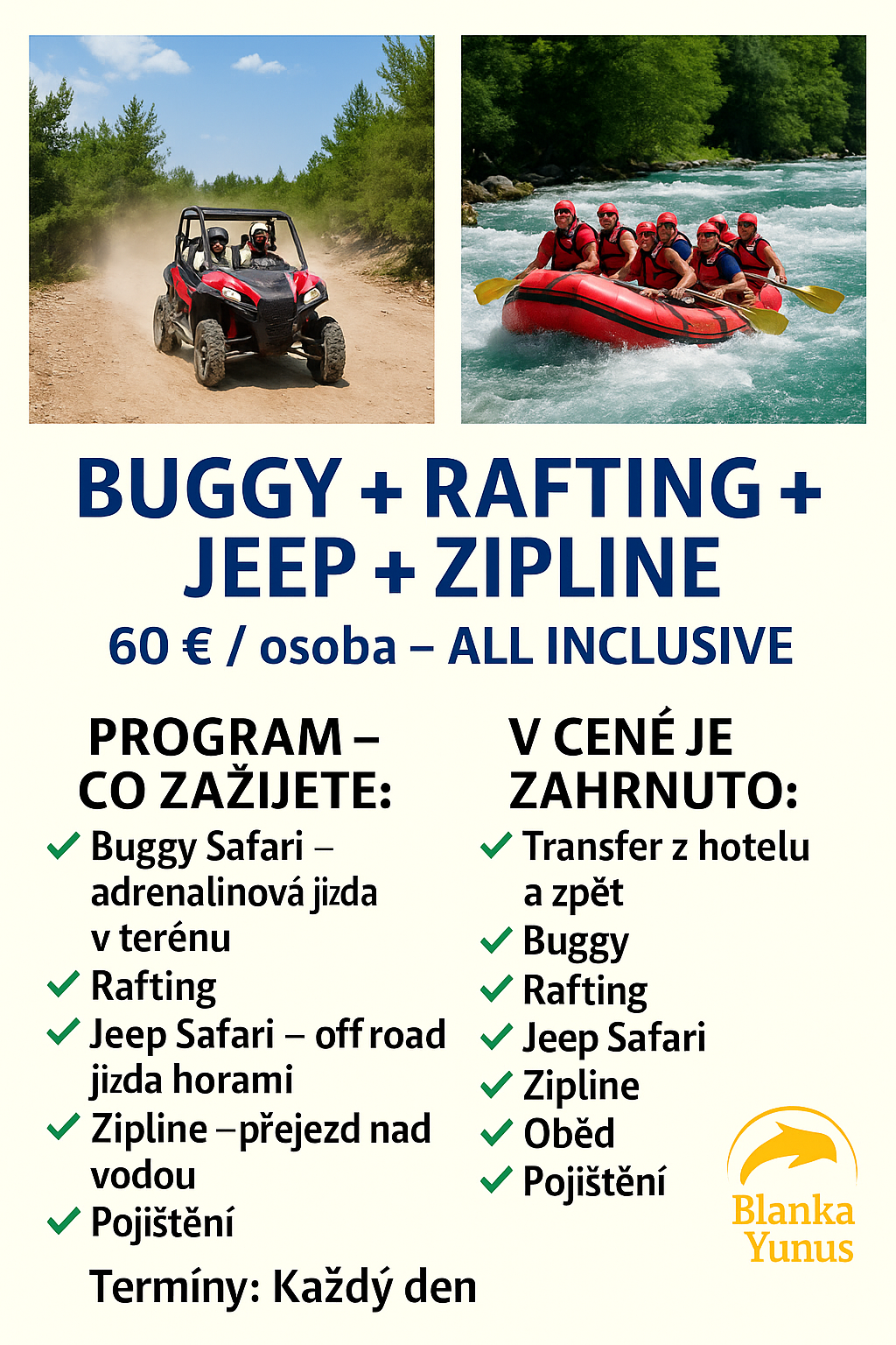 BAGGY+RAFTING+JEEP+Zipline  Adrenalinový den plný zábavy v přírodě 💥 Vyzkoušíte jízdu buggy, rafting na divoké řece, jízdu jeepem v horách a zipline nad řekou 🌊 Skvělý mix dobrodružství, přírody a nezapomenutelných zážitků