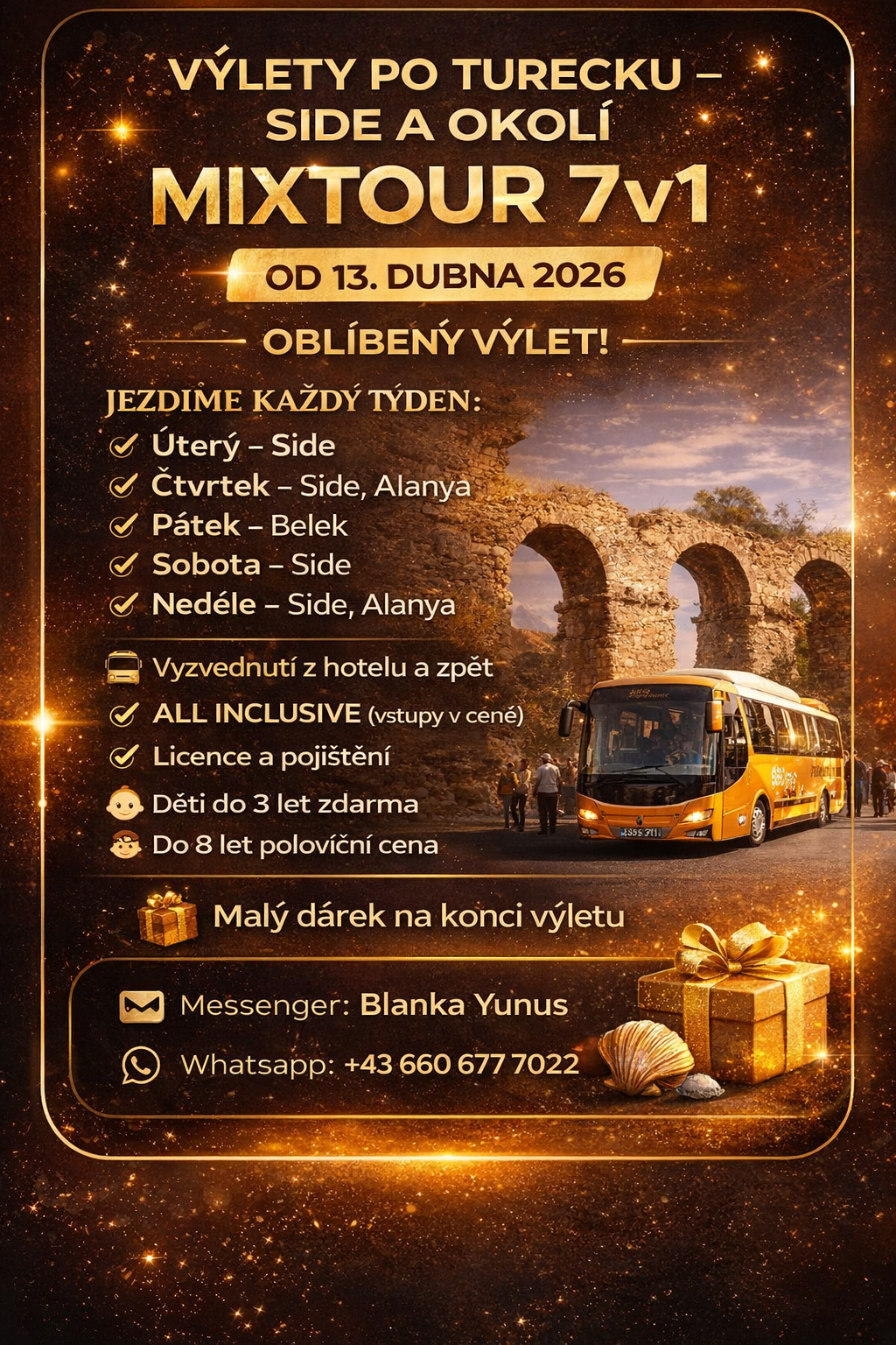 Mix tour 7,v 1 all inclusive 🕌 Návštěva mešity v Manavgatu • 🌉 Historický akvadukt • 🏞️ Přehrada Oymapınar (krásné výhledy) • 🌿 Green Canyon • 🚤 Plavba lodí po Green Lake • 💦 Manavgatský vodopád • 🍊 Ovocný sad (ochutnávka místního ovoce) • 🐒 Zoologická zahrada (možnost návštěvy) • 🫓 Ochutnávka gözleme (není v ceně) • 🍽️ Oběd během výletu • 🏊 Možnost koupání